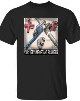 Black V.I.P. Very Important Plumber T-Shirt with a graphic of crossed plumbing wrenches and pipes. A heavyweight cotton work tee for plumbers.