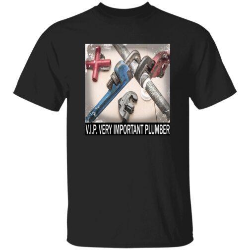 Black V.I.P. Very Important Plumber T-Shirt with a graphic of crossed plumbing wrenches and pipes. A heavyweight cotton work tee for plumbers.