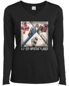 Black V.I.P. Very Important Plumber women's t-shirt featuring an image of various plumbing wrenches and a red pipe fitting on a white surface. A fun gift for the woman plumber in your life.