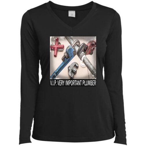 Black V.I.P. Very Important Plumber women's t-shirt featuring an image of various plumbing wrenches and a red pipe fitting on a white surface. A fun gift for the woman plumber in your life.