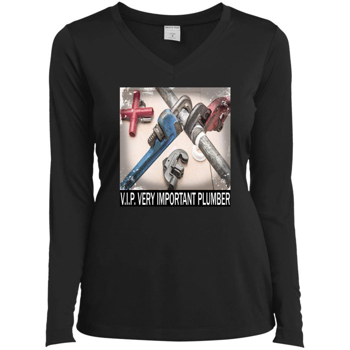 Black V.I.P. Very Important Plumber women's t-shirt featuring an image of various plumbing wrenches and a red pipe fitting on a white surface. A fun gift for the woman plumber in your life.