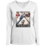 White long-sleeved women's V.I.P. Plumber T-shirt featuring a pipe wrench design. A great gift for her!