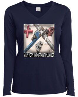 Navy women's V.I.P. Plumber T-shirt featuring a graphic of plumbing tools including pipe wrenches. The shirt is a moisture-wicking performance tee, perfect as a gift for her.
