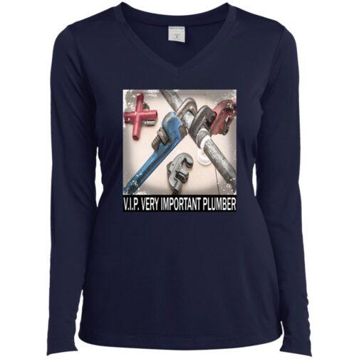 Navy women's V.I.P. Plumber T-shirt featuring a graphic of plumbing tools including pipe wrenches. The shirt is a moisture-wicking performance tee, perfect as a gift for her.