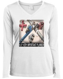 White long-sleeved women's V.I.P. Plumber T-shirt featuring a pipe wrench design. A great gift for her!