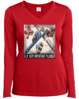 A red women's long-sleeve V-neck t-shirt featuring a plumbing graphic with pipes and wrenches. Text reads "V.I.P. VERY IMPORTANT PLUMBER." A fun gift for her!