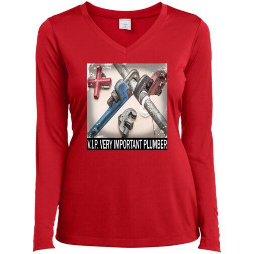 A red women's long-sleeve V-neck t-shirt featuring a plumbing graphic with pipes and wrenches. Text reads "V.I.P. VERY IMPORTANT PLUMBER." A fun gift for her!