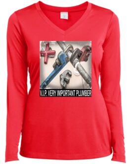 A red V.I.P. Very Important Plumber t-shirt for women. The shirt features an image of colorful plumbing tools and pipes with the text "V.I.P. VERY IMPORTANT PLUMBER".