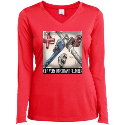 A red V.I.P. Very Important Plumber t-shirt for women. The shirt features an image of colorful plumbing tools and pipes with the text "V.I.P. VERY IMPORTANT PLUMBER".