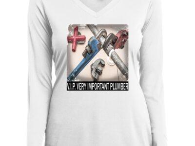 White long-sleeved women's V.I.P. Plumber T-shirt featuring a pipe wrench design. A great gift for her!
