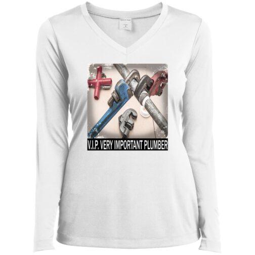 738-7316-107813948 White long-sleeved women's V.I.P. Plumber T-shirt featuring a pipe wrench design. A great gift for her!