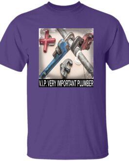 Purple V.I.P. Very Important Plumber T-shirt featuring an image of plumbing wrenches and pipes. Heavyweight cotton work tee for plumbers.