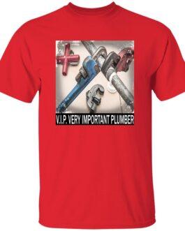 Red V.I.P. Very Important Plumber t-shirt featuring a graphic of crossed plumbing wrenches and pipes. A heavyweight cotton work tee for plumbers.