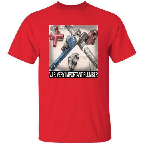 Red V.I.P. Very Important Plumber t-shirt featuring a graphic of crossed plumbing wrenches and pipes. A heavyweight cotton work tee for plumbers.