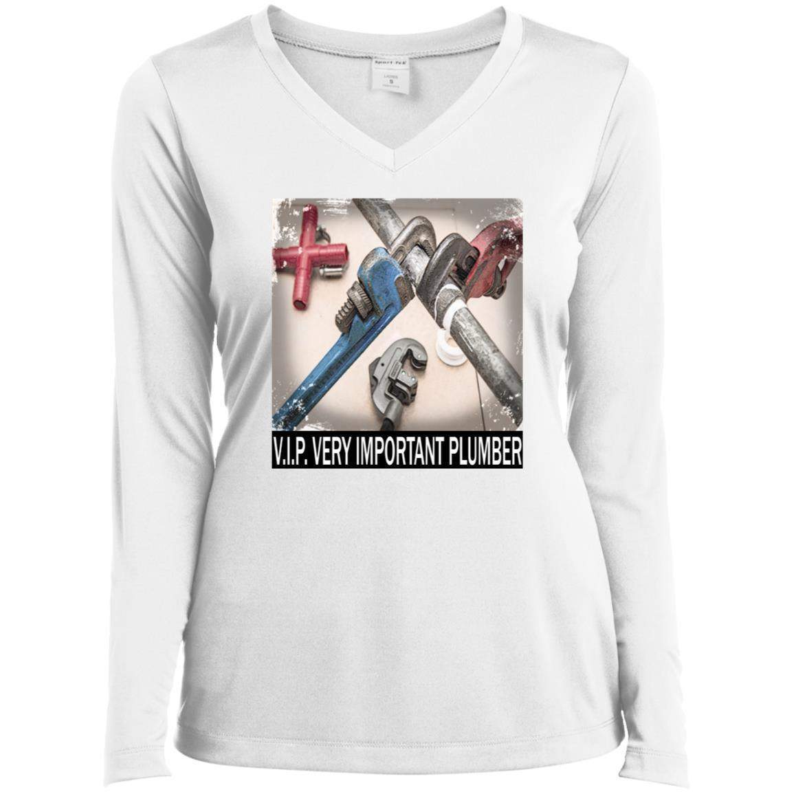 White long-sleeved women's V.I.P. Plumber T-shirt featuring a pipe wrench design. A great gift for her!