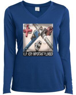 A blue long-sleeved women's "V.I.P. Very Important Plumber" t-shirt. The design features an array of plumbing wrenches and pipes. This moisture-wicking performance tee makes a great gift for her.