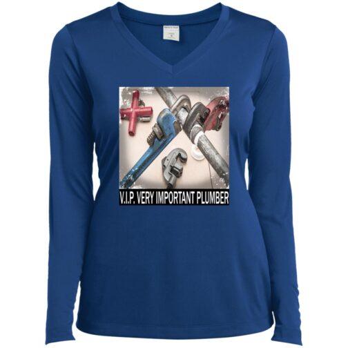 A blue long-sleeved women's "V.I.P. Very Important Plumber" t-shirt. The design features an array of plumbing wrenches and pipes. This moisture-wicking performance tee makes a great gift for her.