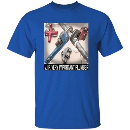 Royal blue "V.I.P. Very Important Plumber" t-shirt featuring a graphic of crossed plumbing wrenches and pipes. A heavyweight cotton work tee for plumbers.