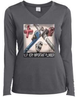 Iron grey women's V.I.P. Plumber t-shirt with long sleeves. The tee features a graphic of crossed plumbing pipes and wrenches, and the text "V.I.P. VERY IMPORTANT PLUMBER".