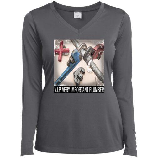 Iron grey women's V.I.P. Plumber t-shirt with long sleeves. The tee features a graphic of crossed plumbing pipes and wrenches, and the text "V.I.P. VERY IMPORTANT PLUMBER".