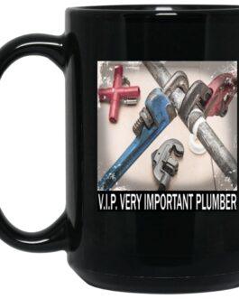 Black 15oz ceramic coffee mug featuring a "V.I.P. Very Important Plumber" design with plumbing tools. A funny plumber mug, perfect as a plumber gift idea.