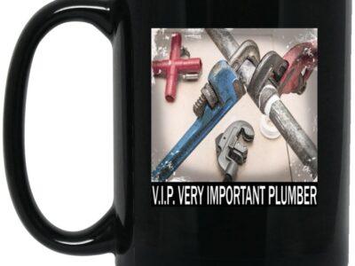 Black 15oz ceramic coffee mug featuring a "V.I.P. Very Important Plumber" design with plumbing tools. A funny plumber mug, perfect as a plumber gift idea.