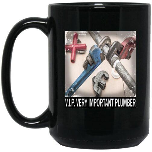 Black 15oz ceramic coffee mug featuring a "V.I.P. Very Important Plumber" design with plumbing tools. A funny plumber mug, perfect as a plumber gift idea.
