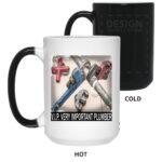 V.I.P. Very Important Plumber heat reveal magic mug. Cold: black mug, design slightly visible. Hot: white mug with crossed plumber tools image. Funny plumber gift, color changing when hot.