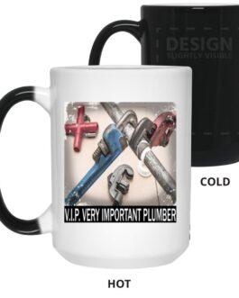 V.I.P. Very Important Plumber heat reveal magic mug. Cold: black mug, design slightly visible. Hot: white mug with crossed plumber tools image. Funny plumber gift, color changing when hot.