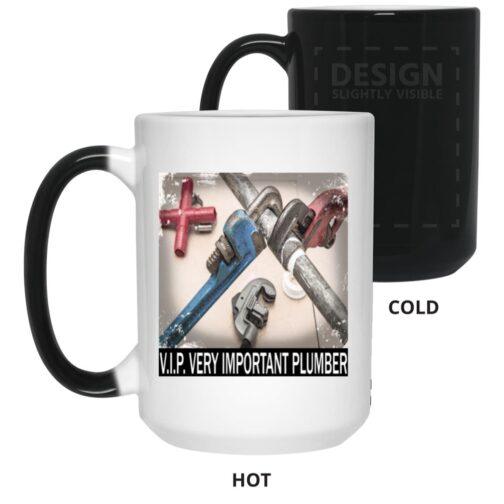1169-12308-107814638 V.I.P. Very Important Plumber heat reveal magic mug. Cold: black mug, design slightly visible. Hot: white mug with crossed plumber tools image. Funny plumber gift, color changing when hot.