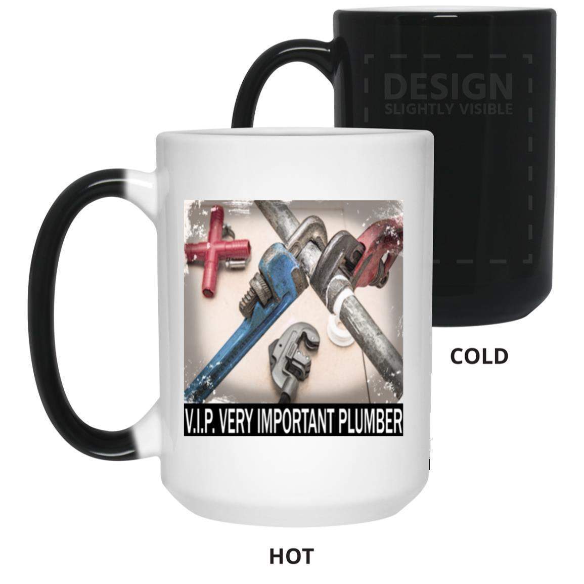V.I.P. Very Important Plumber heat reveal magic mug. Cold: black mug, design slightly visible. Hot: white mug with crossed plumber tools image. Funny plumber gift, color changing when hot.