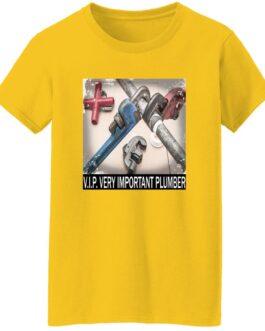 A yellow t-shirt featuring a square graphic of plumbing tools (pipe wrenches and a red tee fitting) intersecting on pipes. The text "V.I.P. VERY IMPORTANT PLUMBER" is printed below the image.