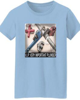 Light blue "V.I.P. Very Important Plumber" t-shirt for women. Graphic tee features plumbing pipes and wrenches. Missy fit cotton work shirt, a great gift for female plumbers.