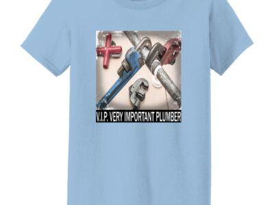 Light blue "V.I.P. Very Important Plumber" t-shirt for women. Graphic tee features plumbing pipes and wrenches. Missy fit cotton work shirt, a great gift for female plumbers.