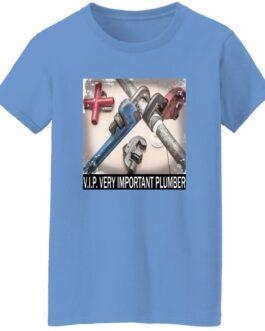 Carolina blue women's V.I.P. Plumber t-shirt featuring an image of crossed plumbing pipes and wrenches. Text reads: "V.I.P. Very Important Plumber.