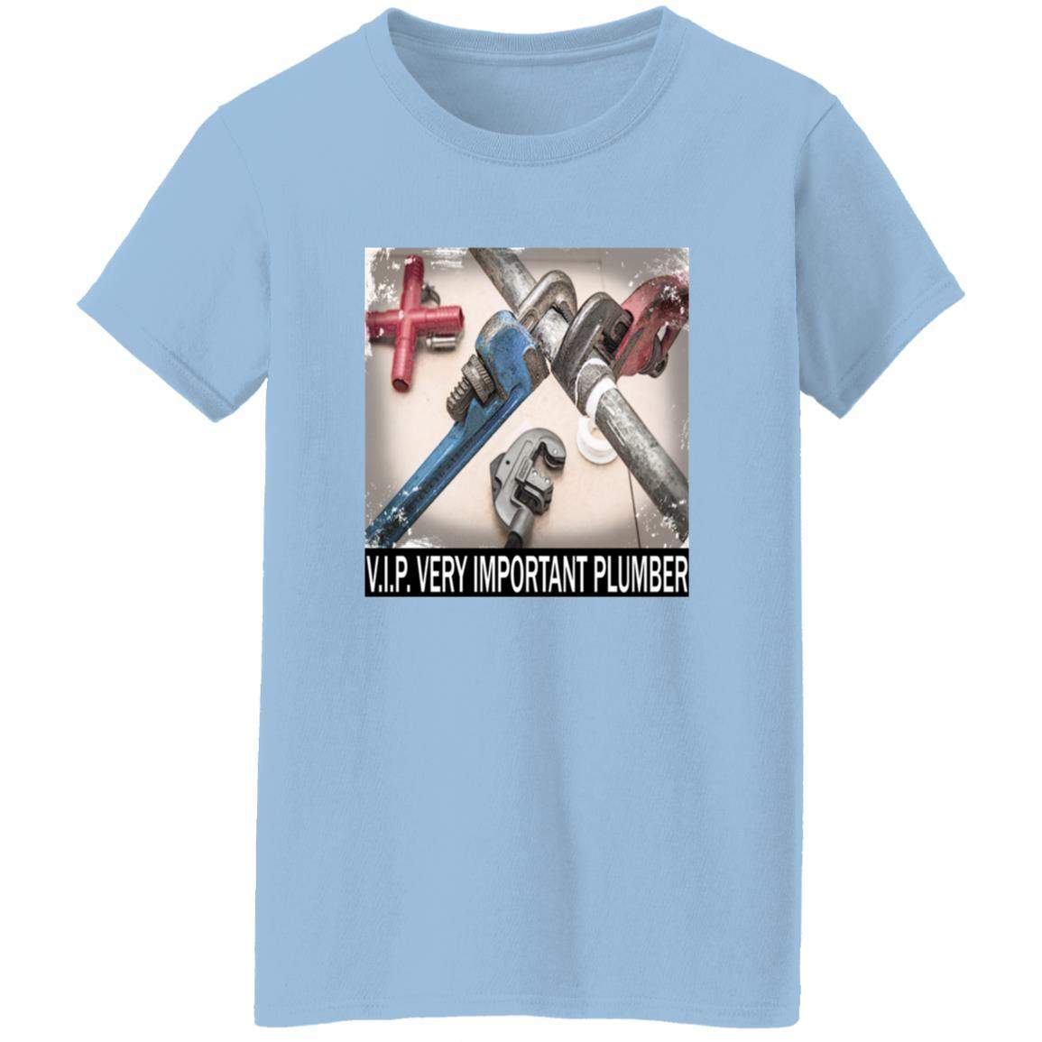 Light blue "V.I.P. Very Important Plumber" t-shirt for women. Graphic tee features plumbing pipes and wrenches. Missy fit cotton work shirt, a great gift for female plumbers.