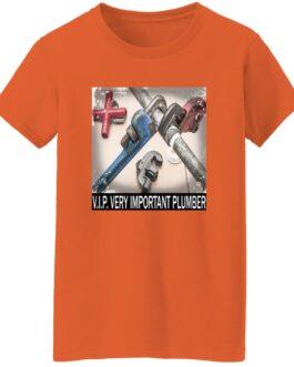 Orange V.I.P. Very Important Plumber women's t-shirt featuring an image of various pipe wrenches and a cross fitting, perfect for a female plumber's wardrobe.
