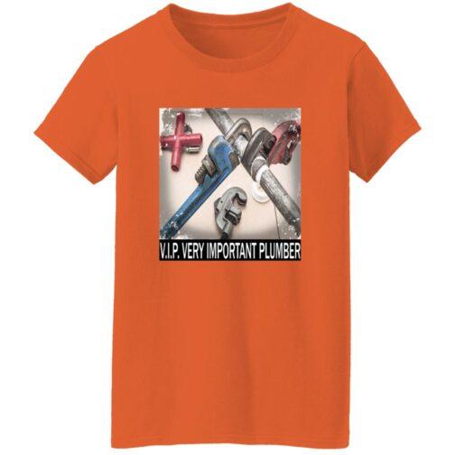 Orange V.I.P. Very Important Plumber women's t-shirt featuring an image of various pipe wrenches and a cross fitting, perfect for a female plumber's wardrobe.