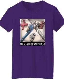 A purple t-shirt featuring a graphic of plumbing pipes and wrenches with the text "V.I.P. Very Important Plumber".