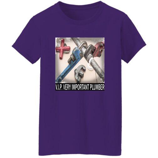 A purple t-shirt featuring a graphic of plumbing pipes and wrenches with the text "V.I.P. Very Important Plumber".