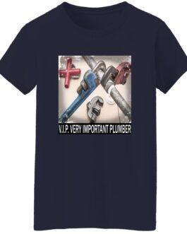 Navy blue women's V.I.P. Plumber T-shirt featuring a square graphic with plumbing pipes and wrenches. The text "V.I.P. VERY IMPORTANT PLUMBER" is below the graphic.