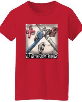 Red women's V.I.P. Very Important Plumber t-shirt featuring a graphic of plumbing pipes and wrenches.