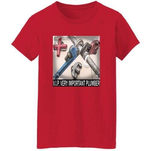 Red women's V.I.P. Very Important Plumber t-shirt featuring a graphic of plumbing pipes and wrenches.