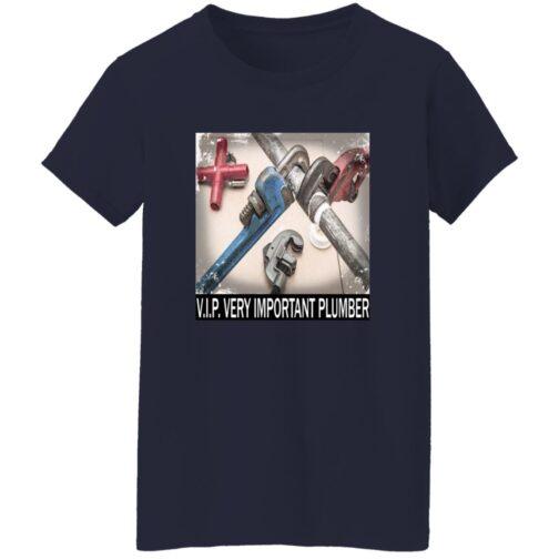 Navy blue women's V.I.P. Plumber T-shirt featuring a square graphic with plumbing pipes and wrenches. The text "V.I.P. VERY IMPORTANT PLUMBER" is below the graphic.