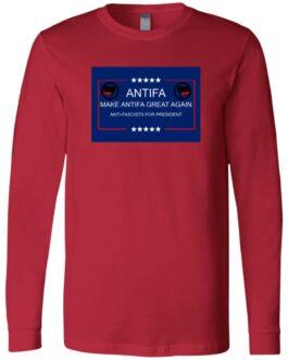 Red long sleeve tee with a blue graphic featuring "Antifa" in white, the anti-fascist symbol, "Make Antifa Great Again," and "Anti-Fascists for President.
