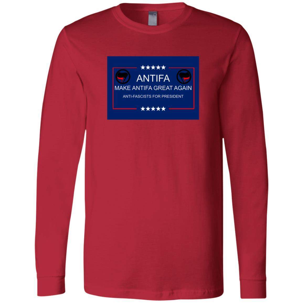 Red long sleeve tee with a blue graphic featuring "Antifa" in white, the anti-fascist symbol, "Make Antifa Great Again," and "Anti-Fascists for President.