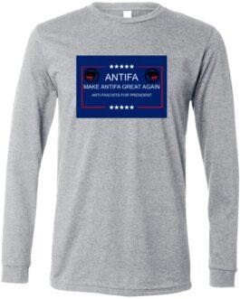 A heather gray long-sleeve shirt featuring a blue rectangle design with "ANTIFA MAKE ANTIFA GREAT AGAIN ANTI-FASCISTS FOR PRESIDENT" text, stars, and the Antifa flag symbol.