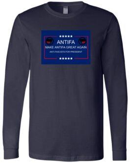 A navy blue long-sleeve t-shirt with a graphic design featuring the Antifa symbol and the text "ANTIFA MAKE ANTIFA GREAT AGAIN ANTI-FASCISTS FOR PRESIDENT".