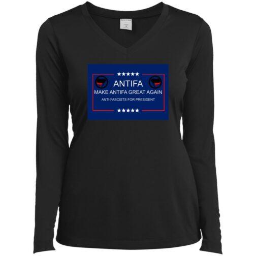 A black v-neck long-sleeve tee with a graphic that reads "Antifa. Make Antifa Great Again. Anti-Fascists for President" in red, white, and blue, referencing anti-fascist protest apparel.