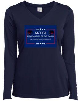 True navy ladies V-neck tee with a "Make Antifa Great Again" design in red, white, and black. The design includes five stars and the Antifa flag symbol. Anti-fascist protest apparel.